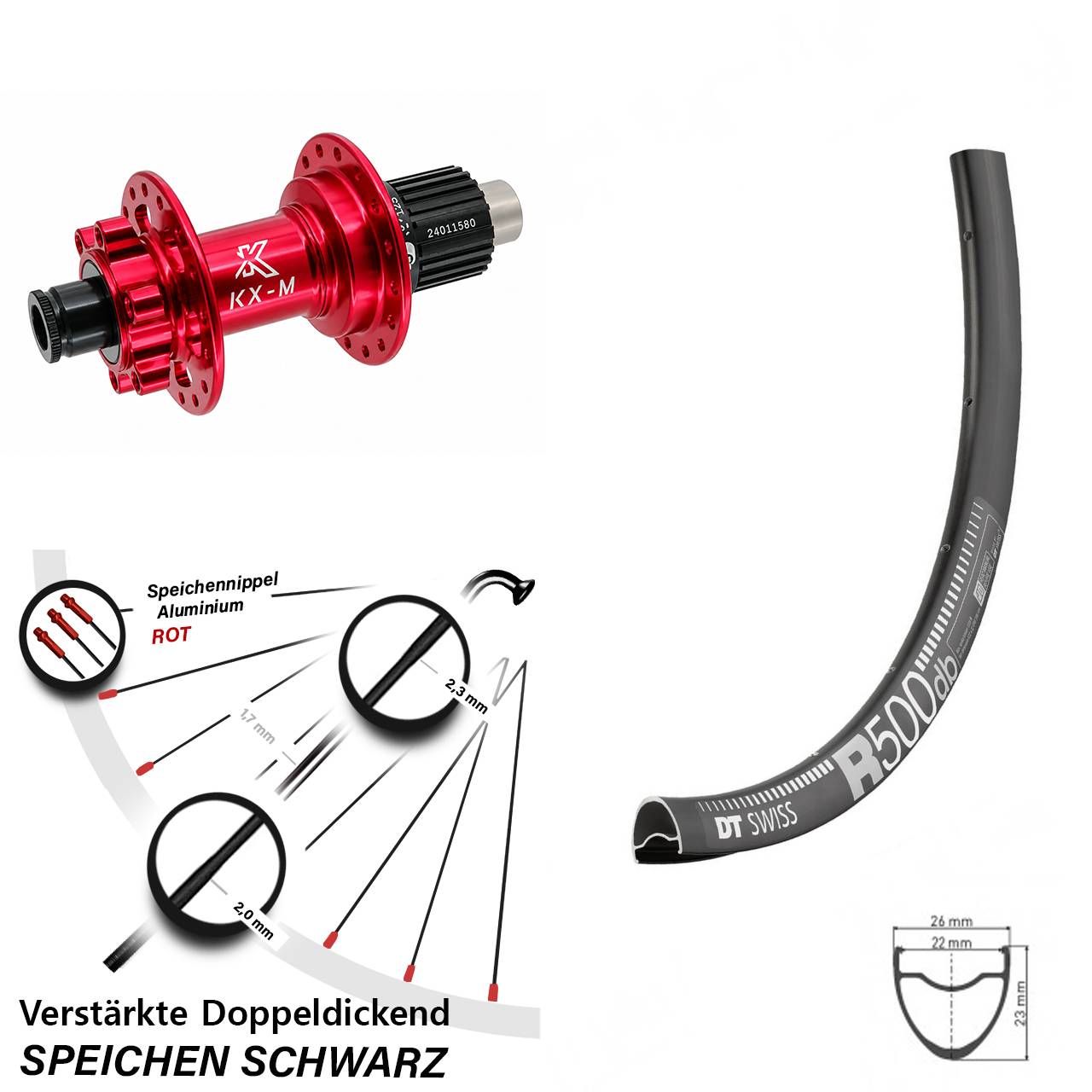 6-Loch Hinterrad 29 Zoll DT Swiss R 500 KX-M rot Micro Spline 12x142