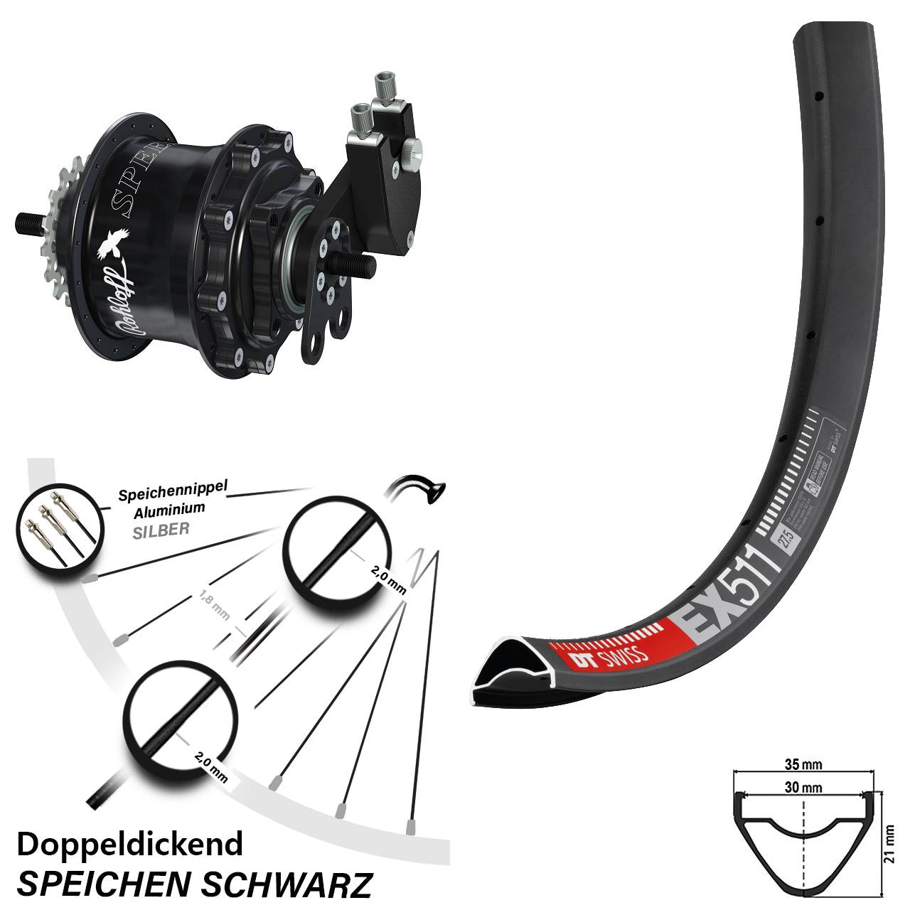 Disc Hinterrrad 29 Zoll DT Swiss EX511 Rohloff Speedhub 500/14 TS DB Tandem schwarz