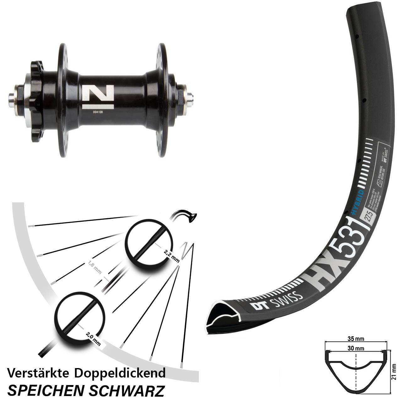 DT Swiss HX 531 Vorderrad 27,5 Zoll mit Novatec D041 Nabe 5x100 mm 6-Loch