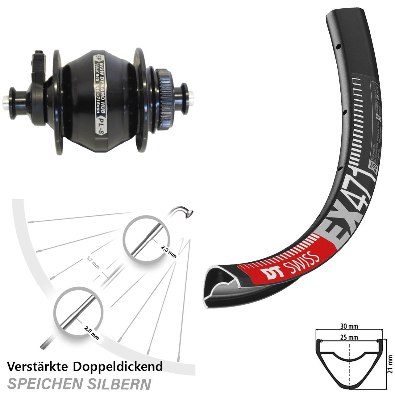 Disc 29 Zoll Nabendynamovorderrad DT Swiss EX471 Shutter Precision PL-8 QR