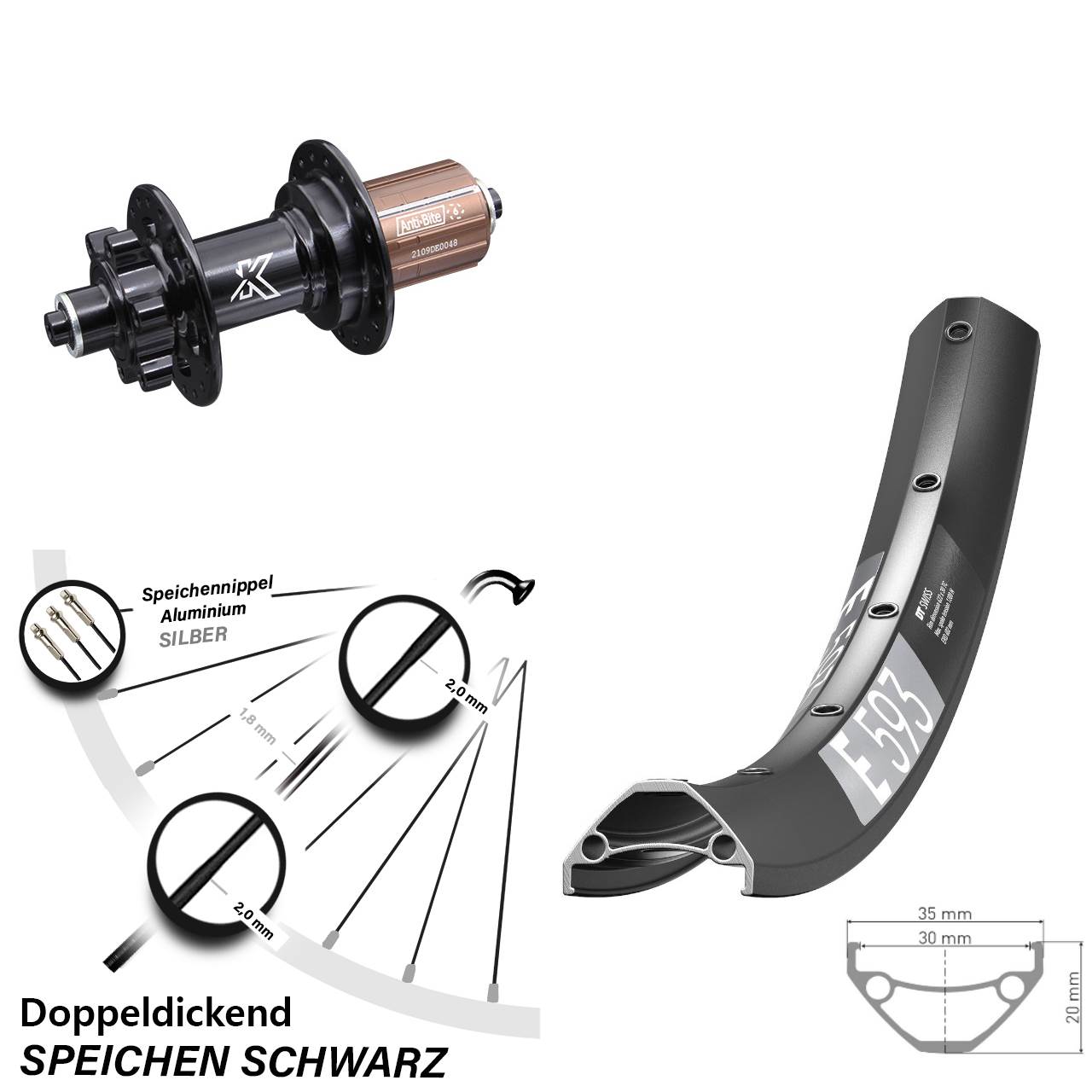 6-Loch Hinterrad QR 29 Zoll DT Swiss E593 KX-M 8-12 fach HG