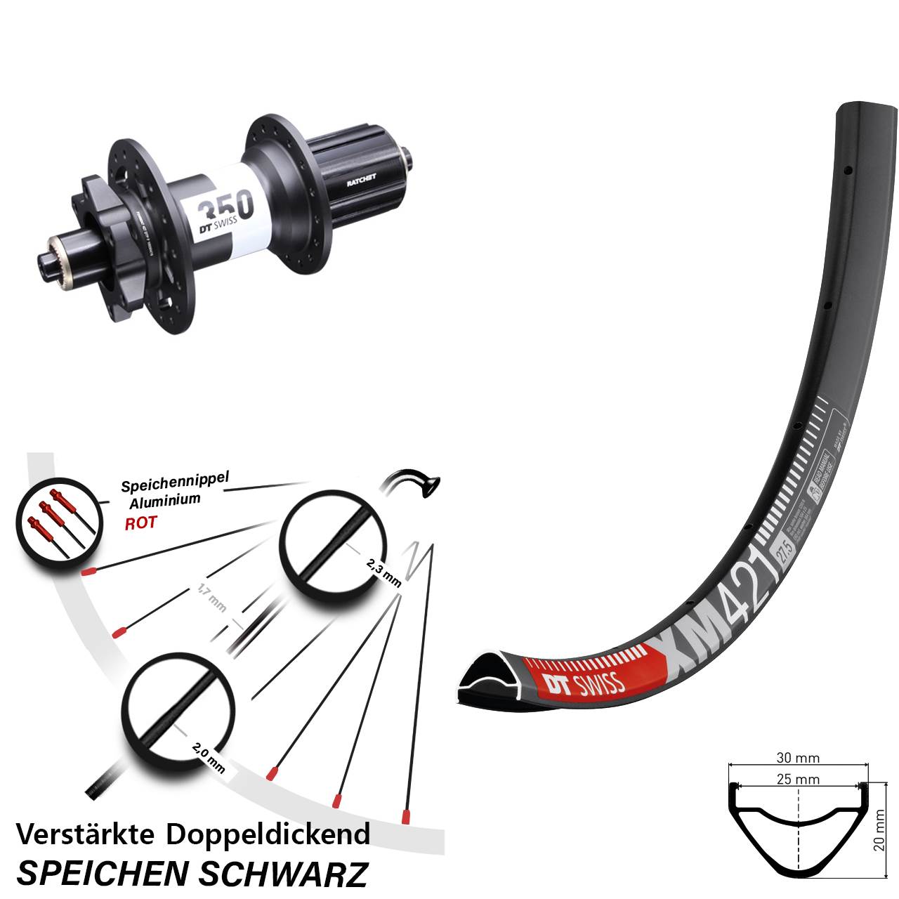 650B DT Swiss XM421-350 Ratchet 36 Disc Hinterrad QR 8-11 fach HG