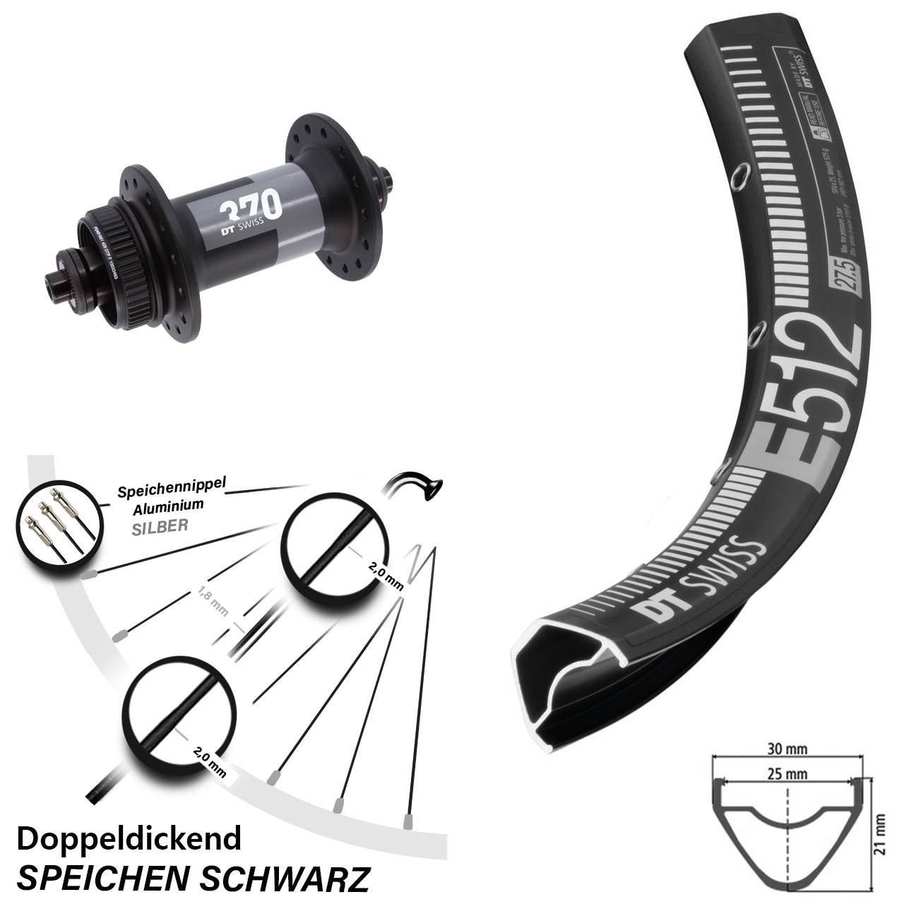 27,5 Zoll DT Swiss E 512-370 Vorderrad Centerlock QR