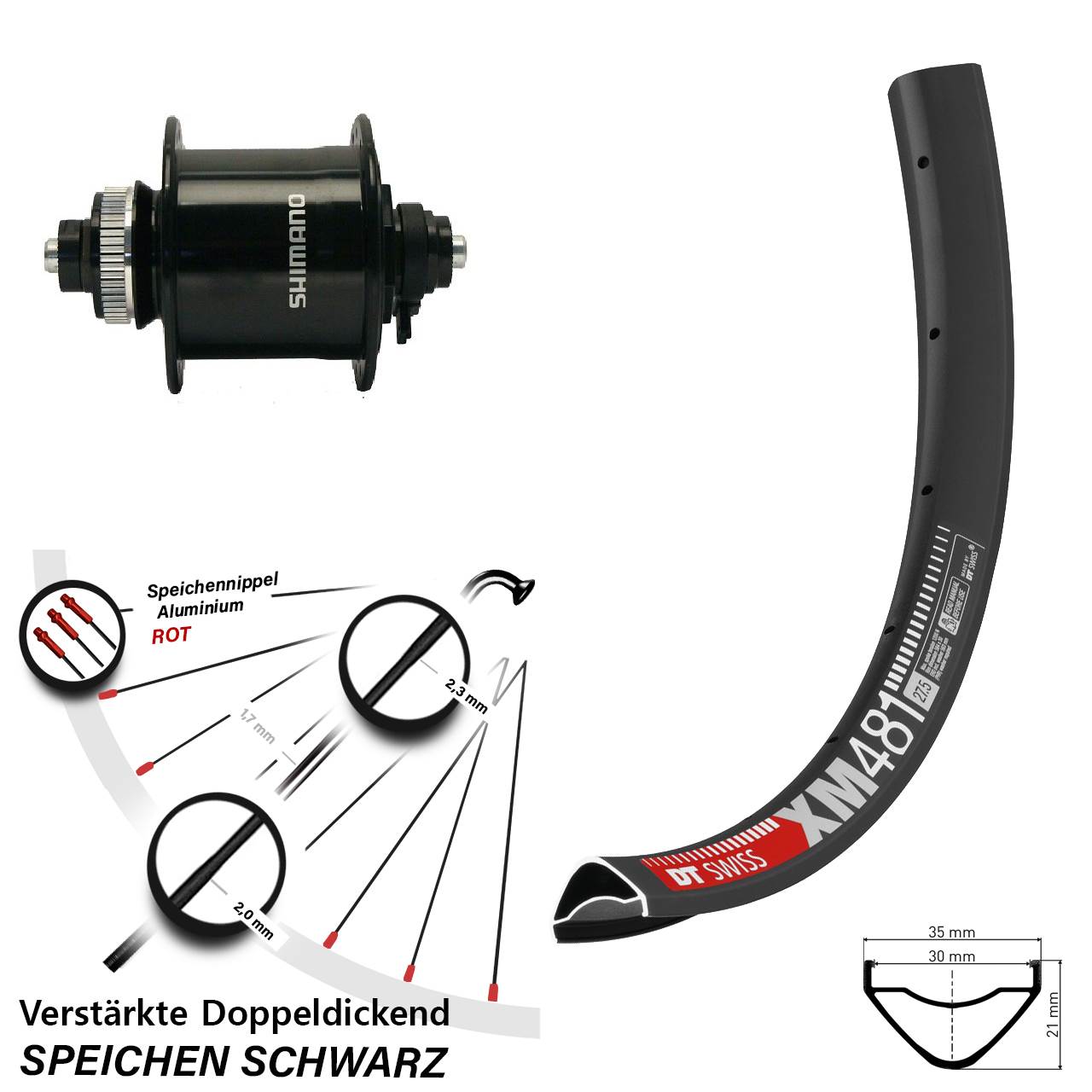 Centerlock Dynamo-Vorderrad QR 27,5 Zoll DT Swiss XM481 Shimano DH-UR700