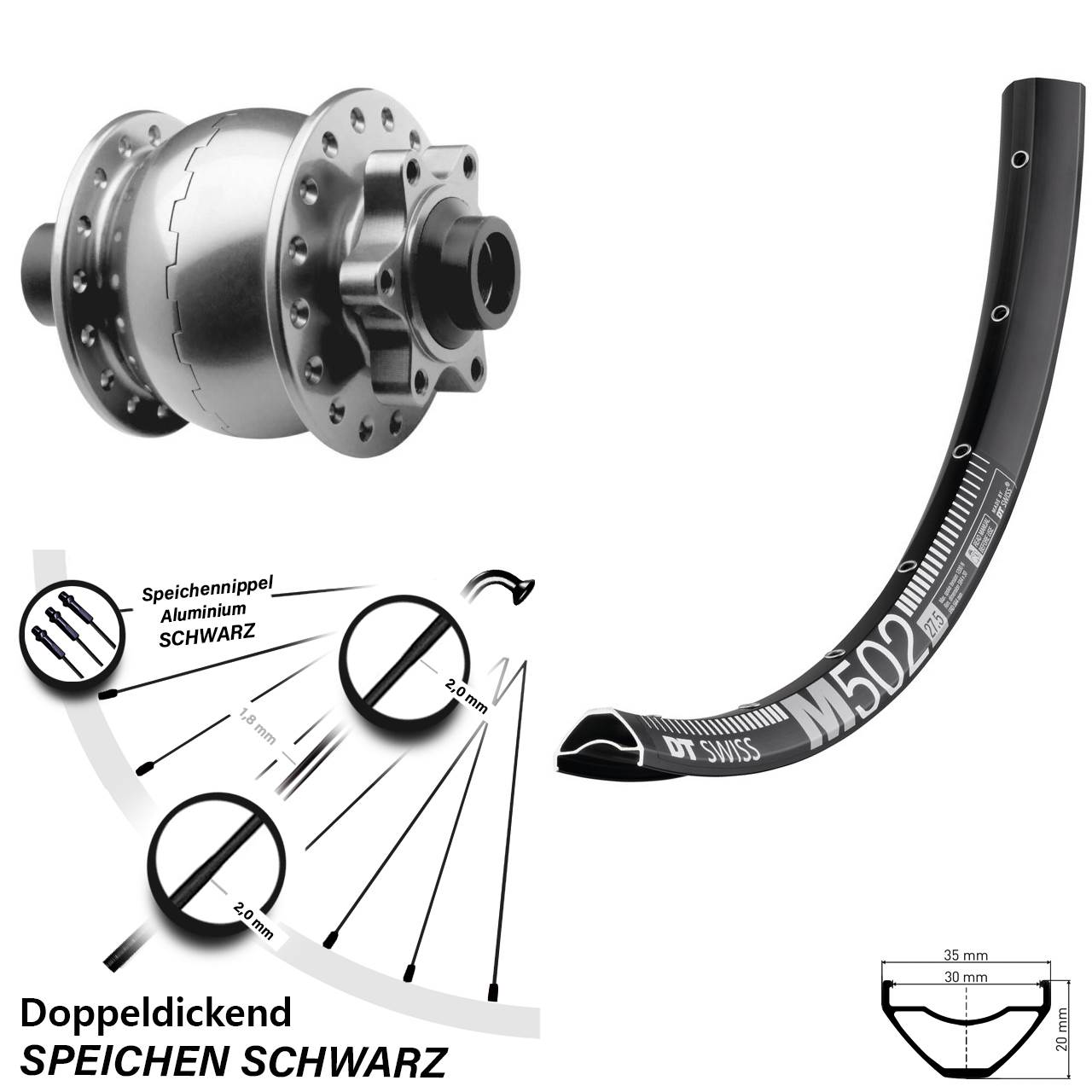 Nabendynamo silber DT Swiss M 502 Vorderrad 29/29+ Zoll Son 28