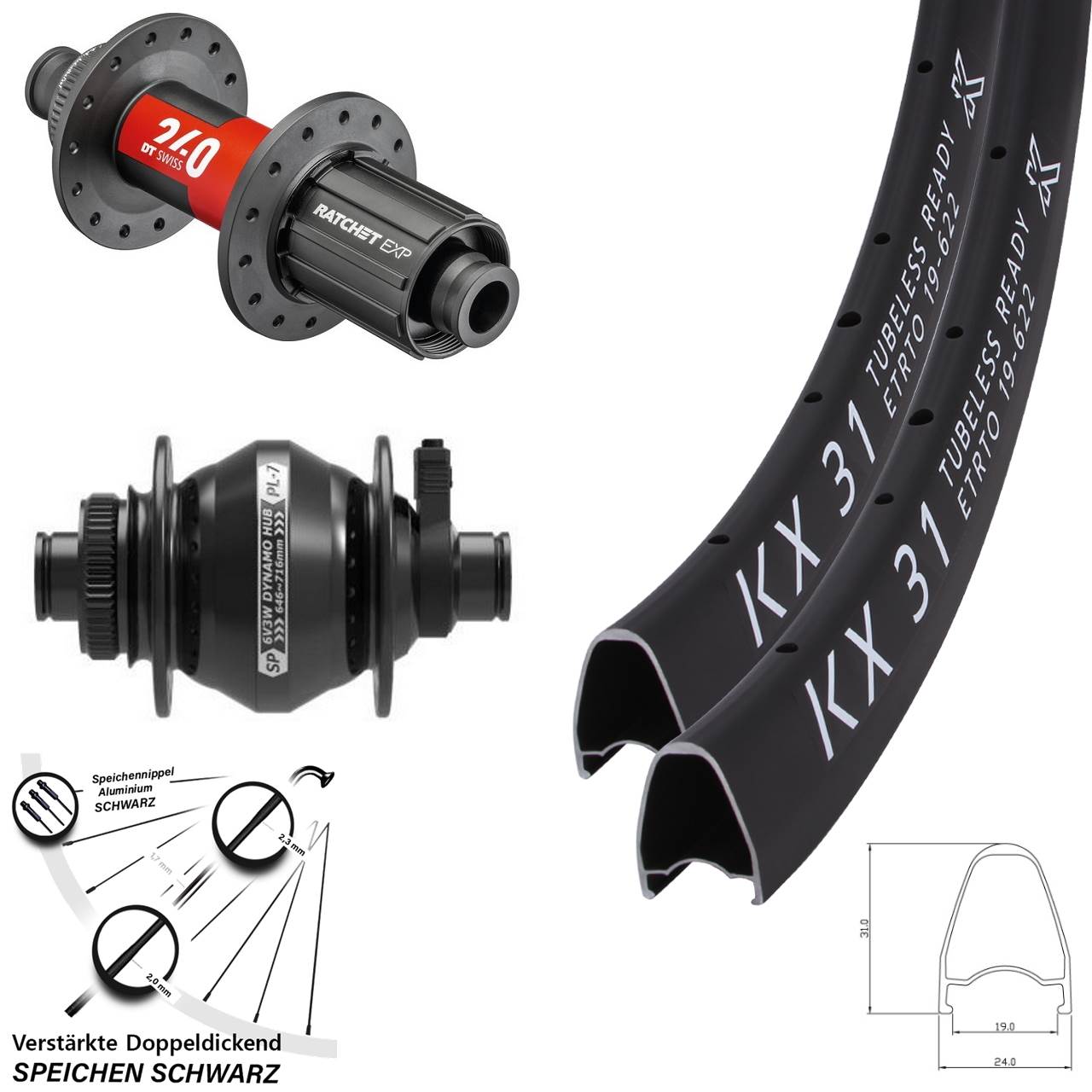 28 Zoll KX31 DT Swiss 240 Shutter PL-7 Disc Laufradsatz 12x100/142 11-12 fach