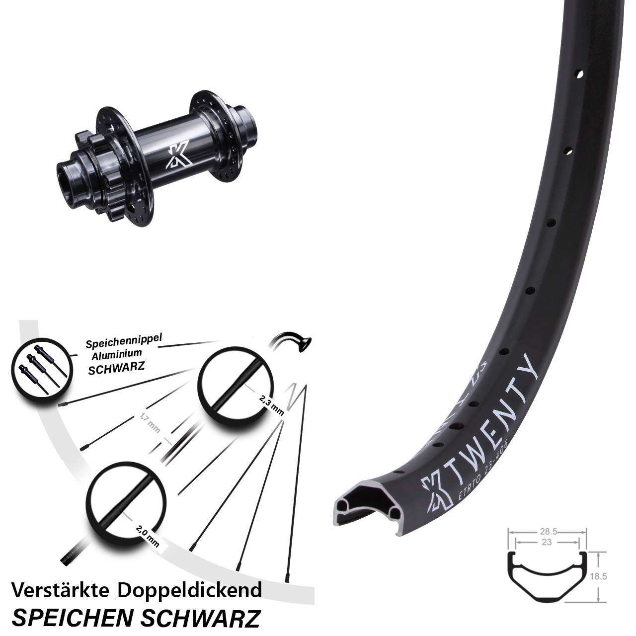 20 Zoll Vorderrad KX Twenty Steckachse 20x110 mm DH alt Non-Boost 6-loch Lastenrad