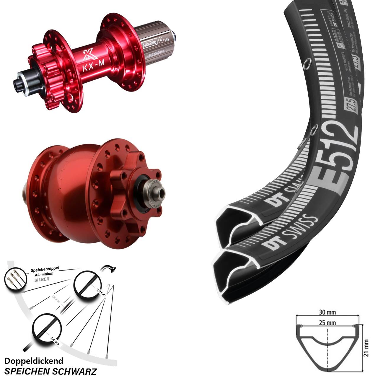 29 Zoll Laufradsatz Dynamo SON 28 rot KX-M 6-loch DT Swiss E 512 Schnellspanner