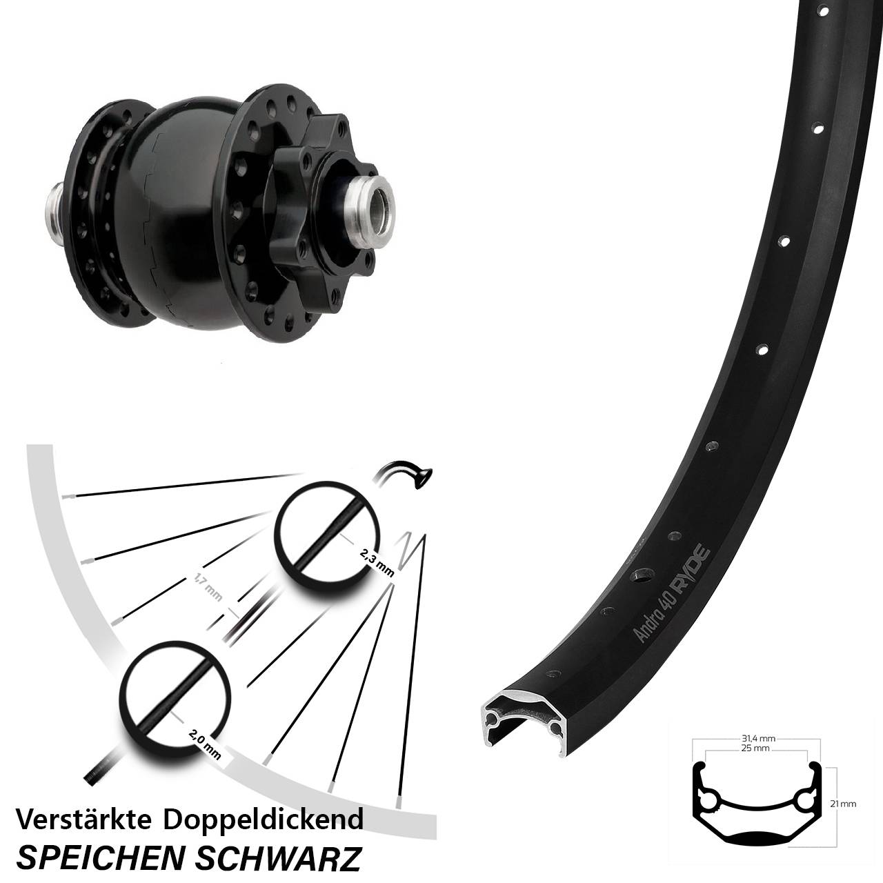 Nabendynamovorderrad 6-Loch 12x100 28-29 Zoll Ryde Andra 40 SON 28