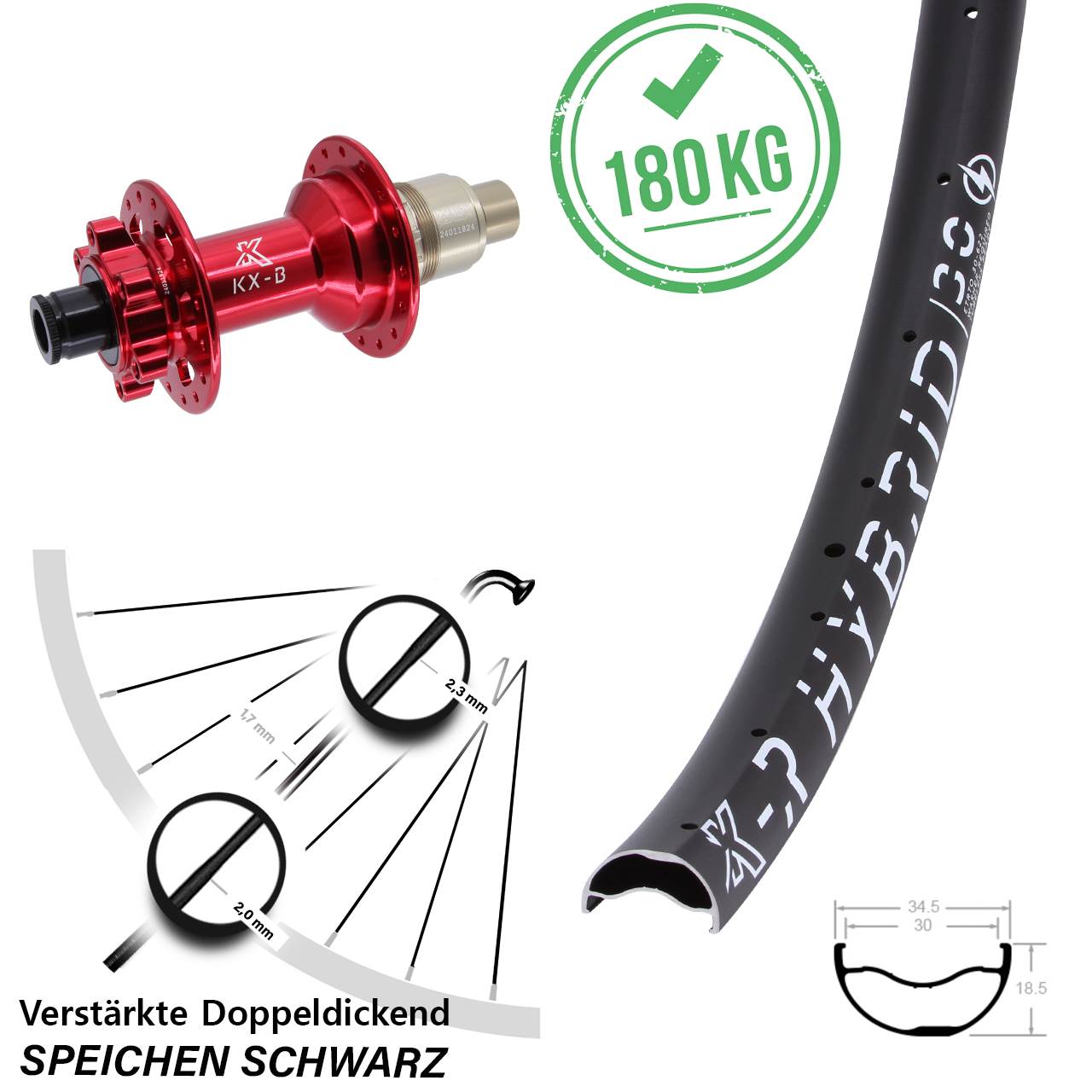 Hinterrad 6-Loch 12x148 29 Zoll KX-BR Hybrid 30 rot XD 11-12 fach