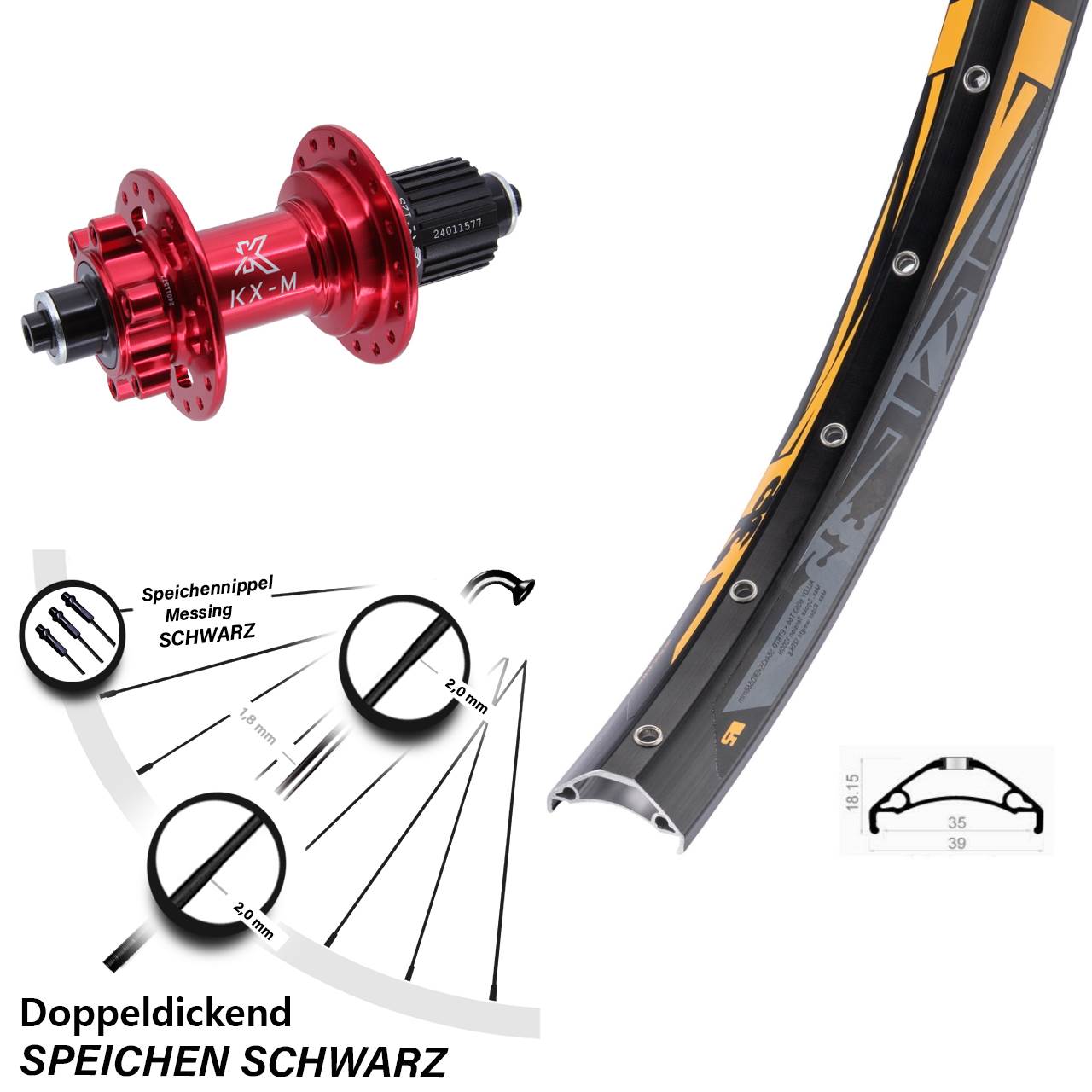 Hinterrad 6-Loch QR 27,5 Zoll Rodi TRYP 35 KX-M rot Shimano Micro Spline
