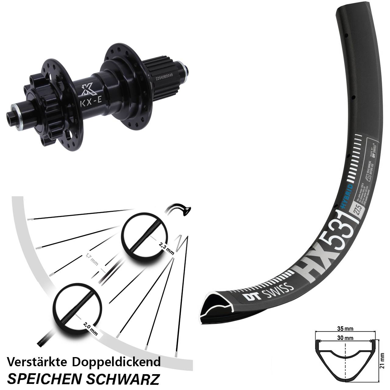 27,5 Zoll DT Swiss HX 531 KX-E Heavy Duty Hinterrad 6-Loch für Schnellspanner Micro Spline