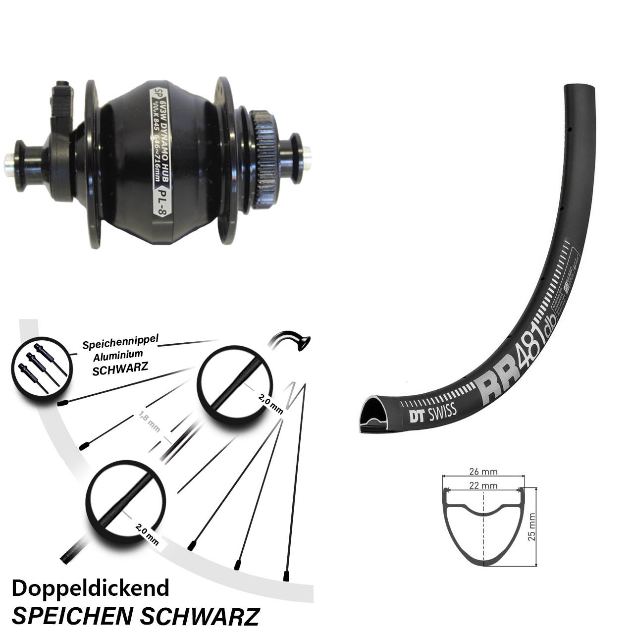 Centerlock Dynamo-Vorderrad QR 28 Zoll DT Swiss RR 481 Shutter PL-8