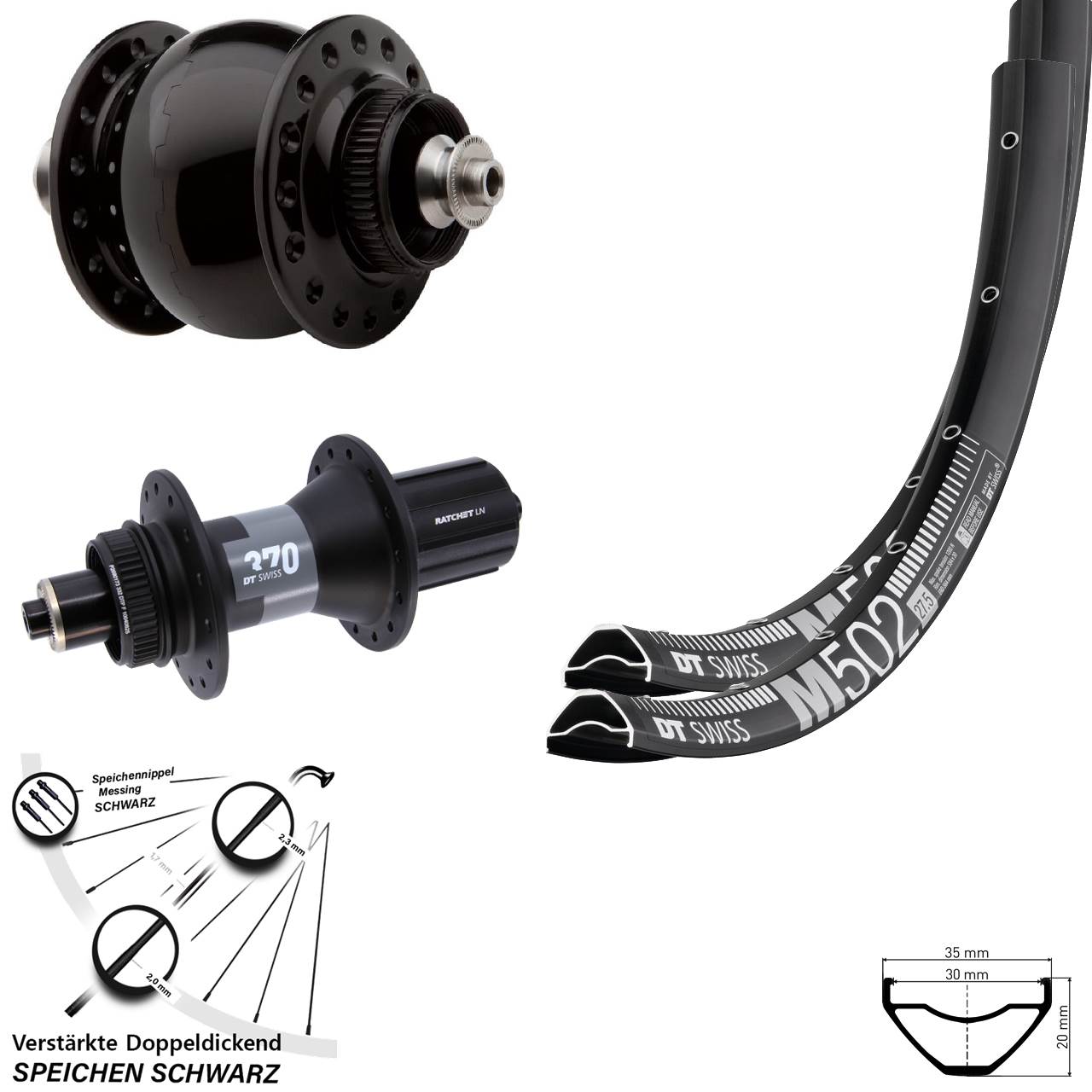 Disc Laufradsatz QR 27,5 Zoll DT Swiss M502 DT Swiss 370 SON 28 8-12 fach