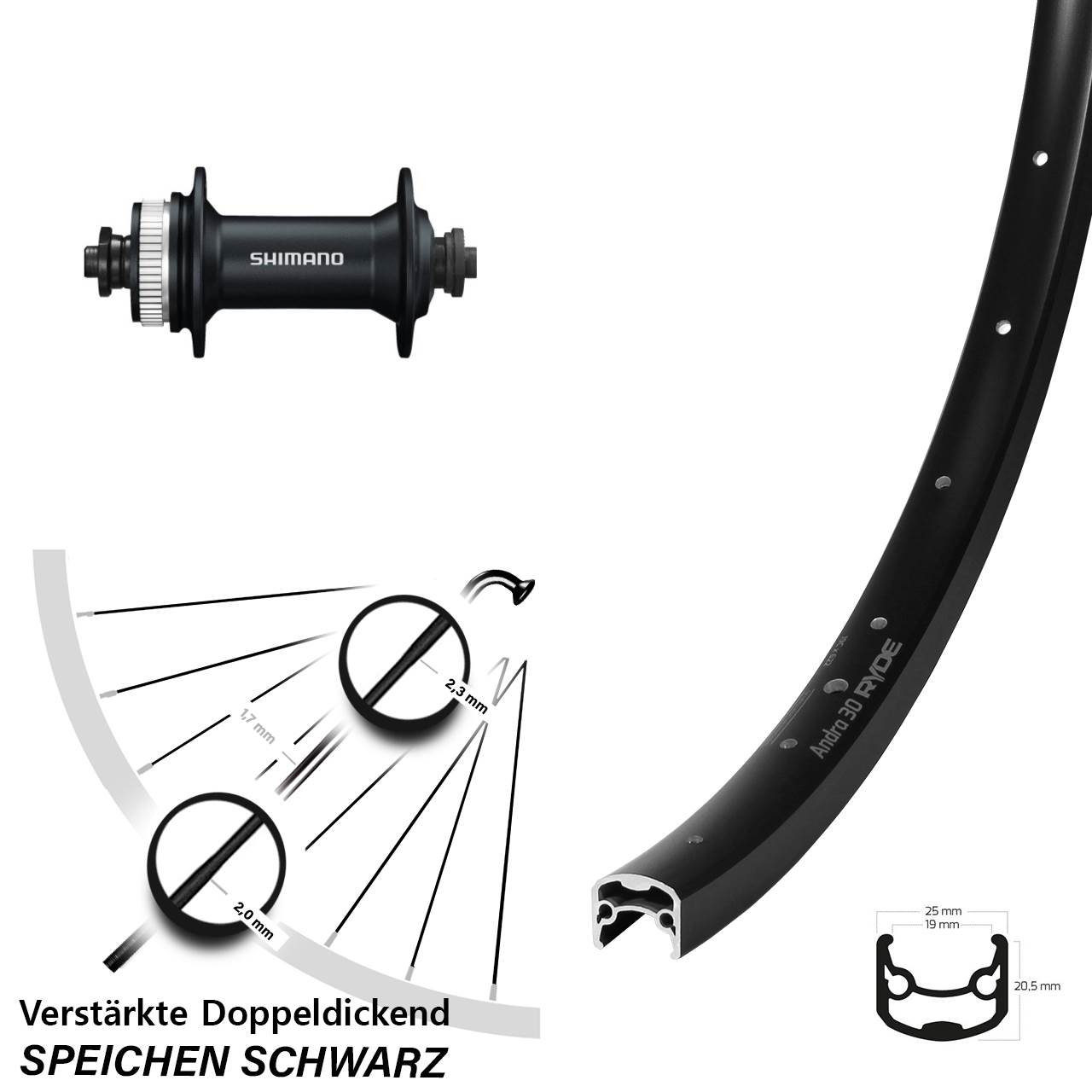 28-29 Zoll Ryde Andra 30 Disc Shimano HB-M4050 Laufrad QR