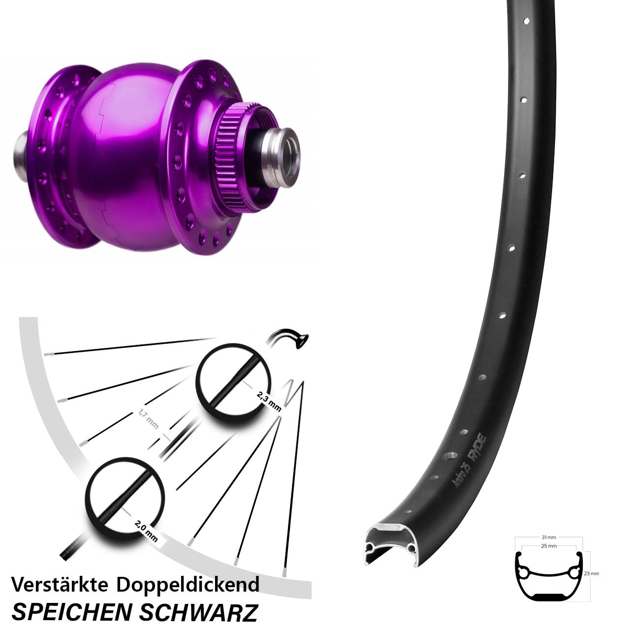 28 Zoll Ryde Andra 25 SON 28 violett Disc Nabendynamovorderrad 12x100