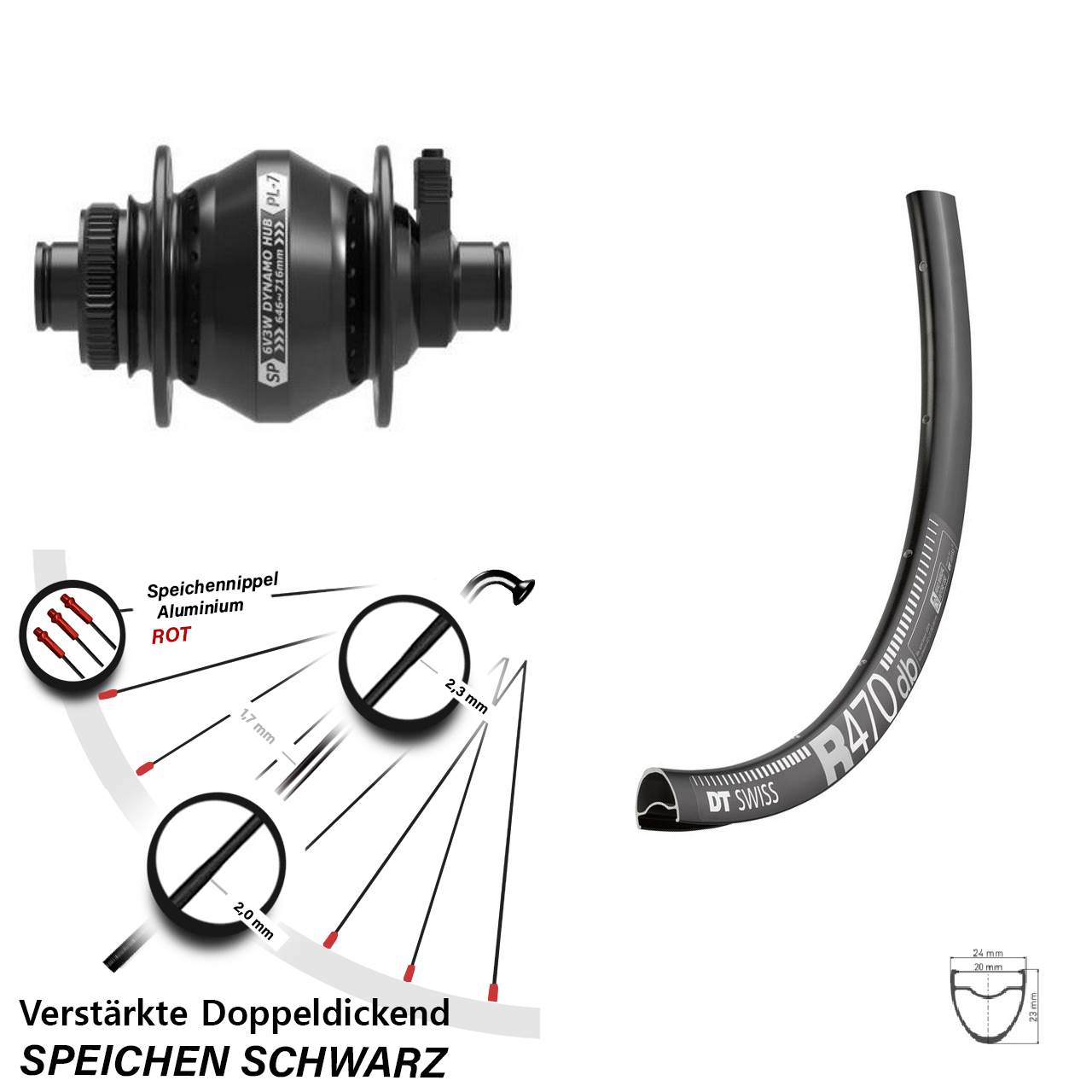 Centerlock Vorderrad mit Dynamo 28 Zoll DT Swiss R470 Shutter Precision PL-7 12x100