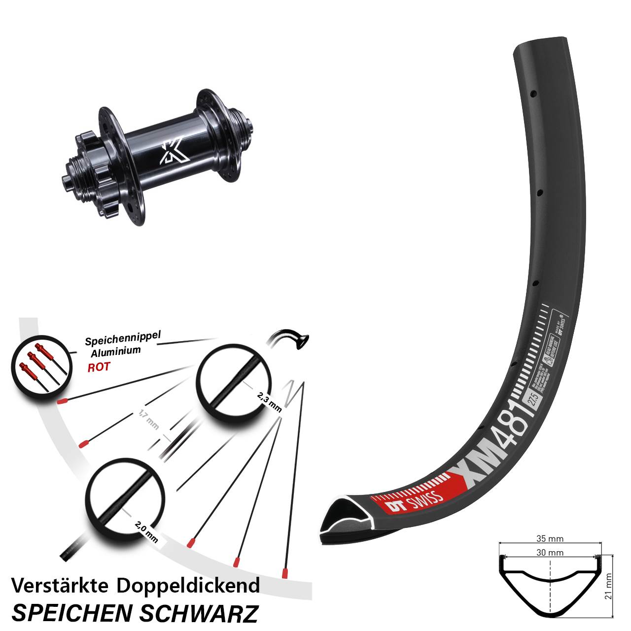 DT Swiss XM481 KX-M 27,5 Zoll Disc Vorderrad für Schnellspanner