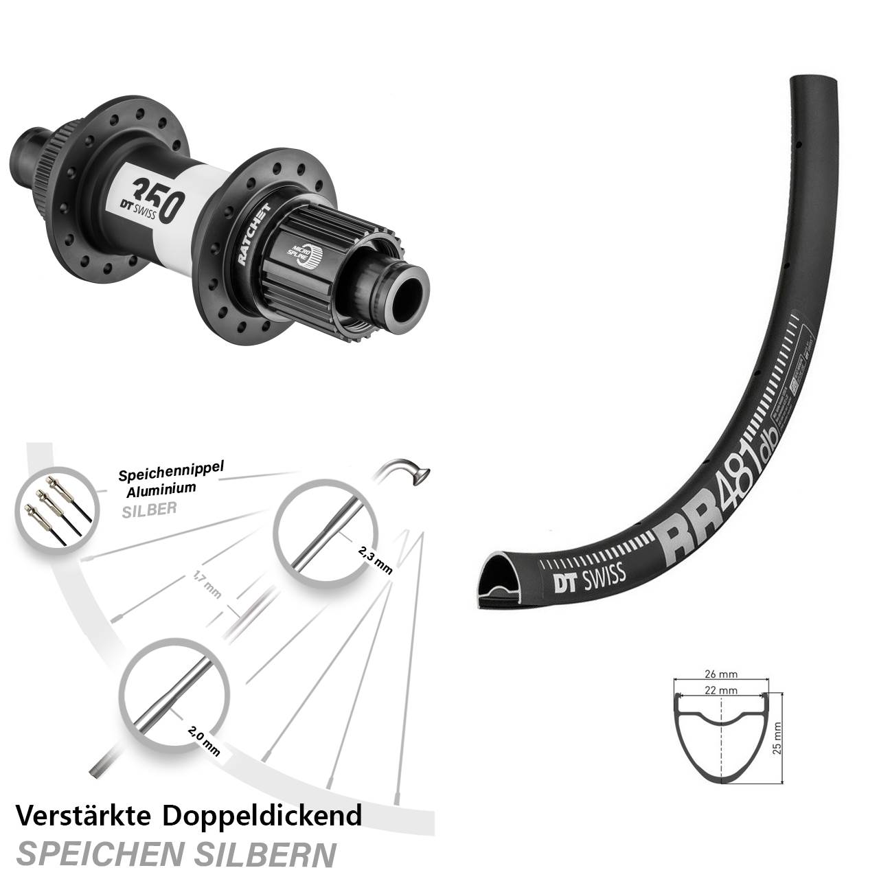 28 Zoll DT Swiss RR 481-350 Ratchet 36 Disc Hinterrad 12x142 Micro Spline