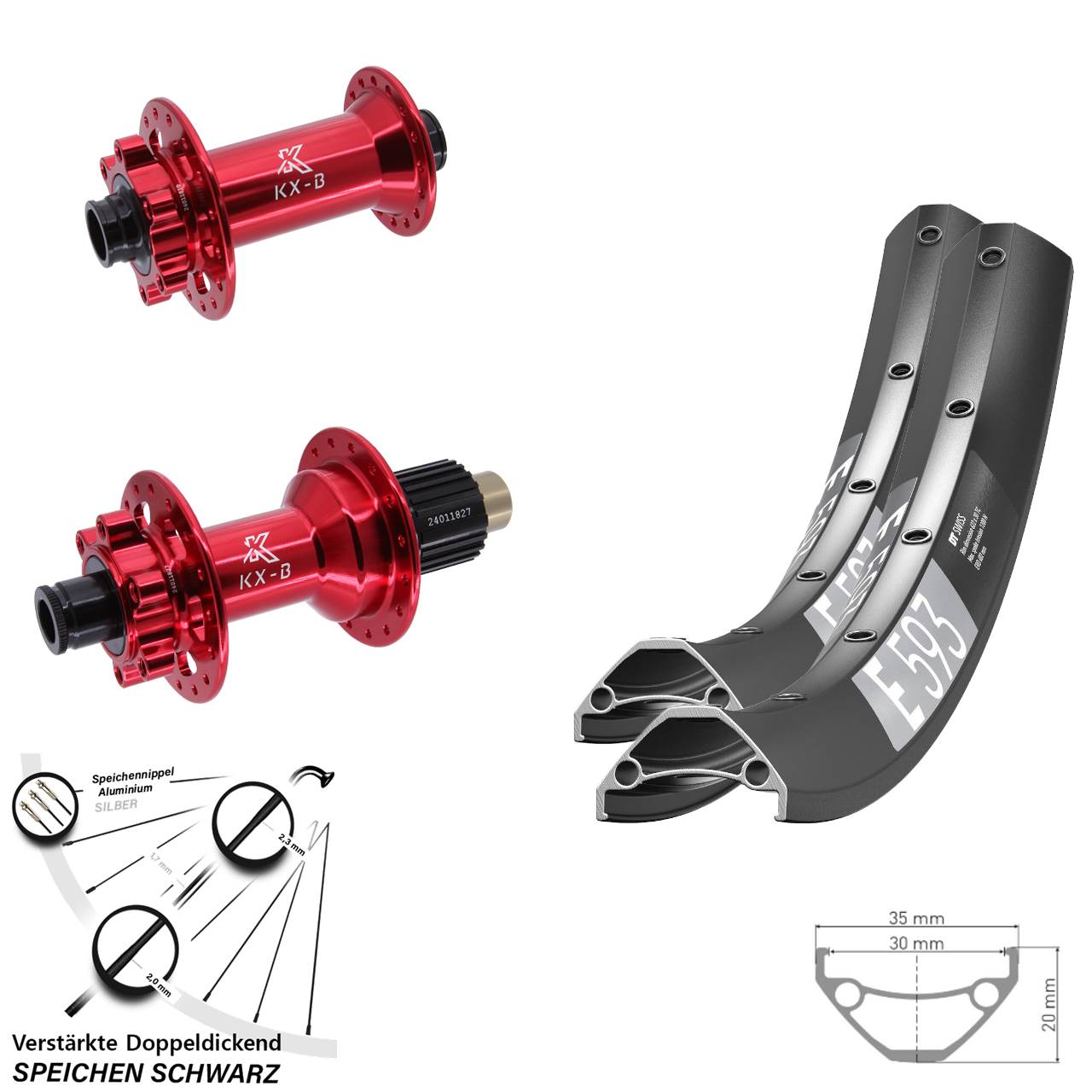 Boost Laufradsatz 6-Loch 27,5 Zoll DT Swiss E593 KX-B rot Micro Spline