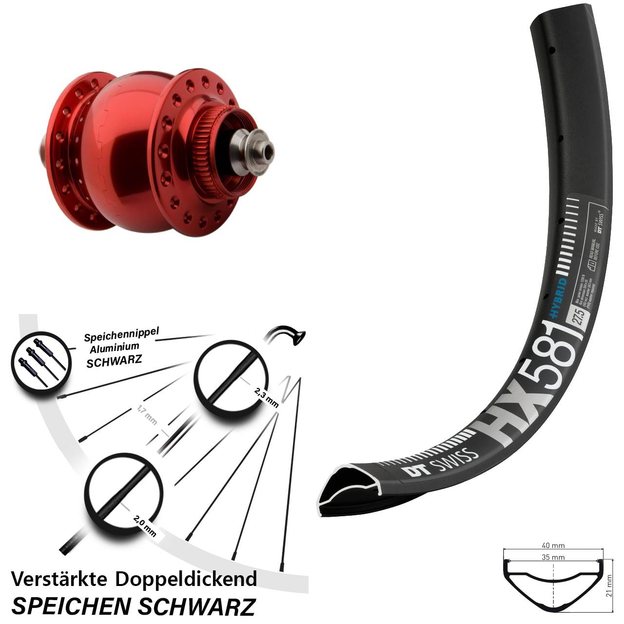 Disc Nabendynamo-Laufrad 27,5 Zoll DT Swiss HX 581 SON 28 rot für Schnellspanner