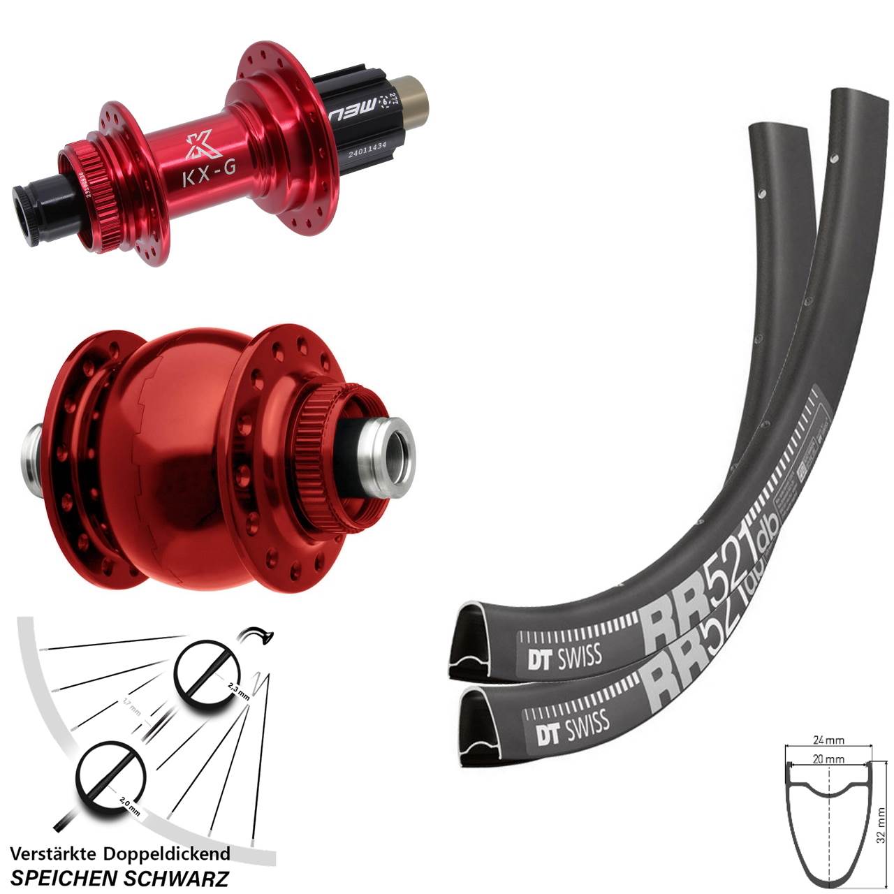DT Swiss RR521 KX-G rot SON 28 Zoll Disc Laufradsatz 12x100/142 Campagnolo N3W