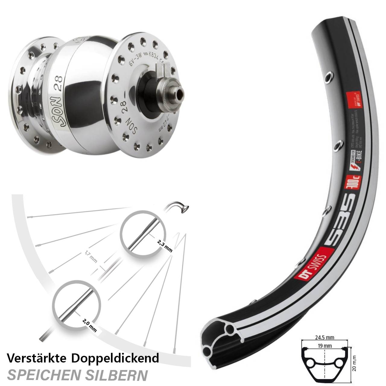 DT Swiss 535 Vorderrad Dynamo polierter SON 28 Zoll silbern verstärkt