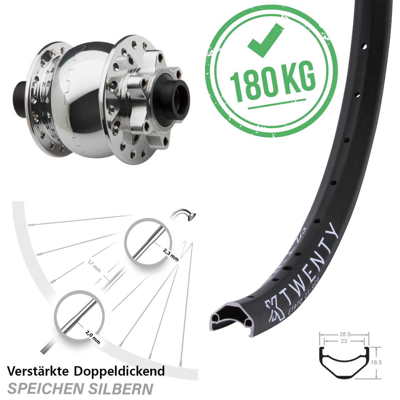 SON Nabendynamo silbern poliert KX Twenty Vorderrad 20 Zoll Lastenrad 6-loch
