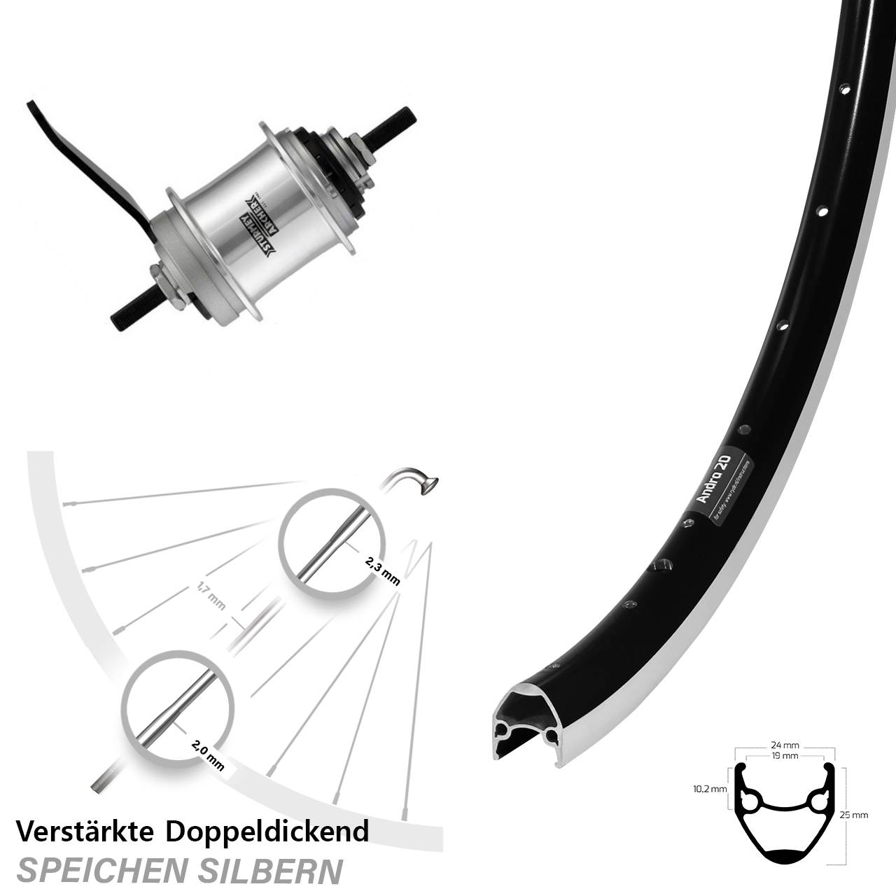 28 Zoll Hinterrad Ryde Andra 20 Sturmey Archer 3-Gang Rücktritt