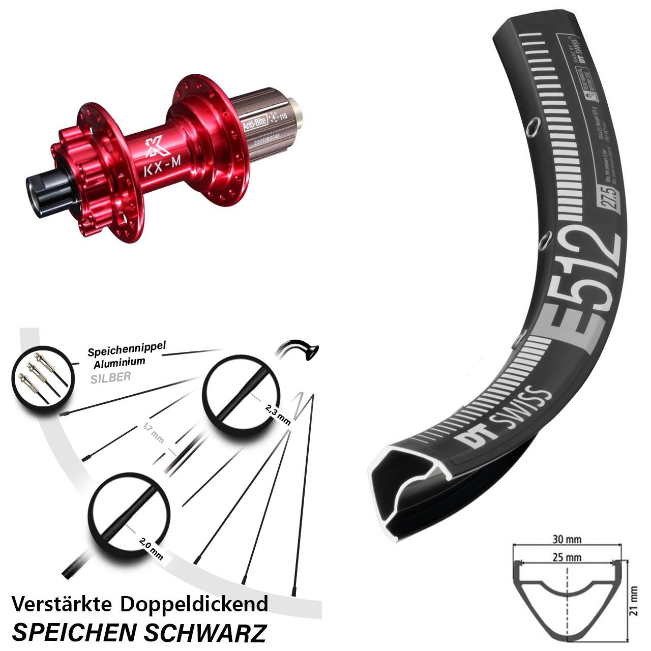 29 Zoll Laufrad DT Swiss E 512 KX-M rot Disc 6-Loch 8-12 fach 12x142