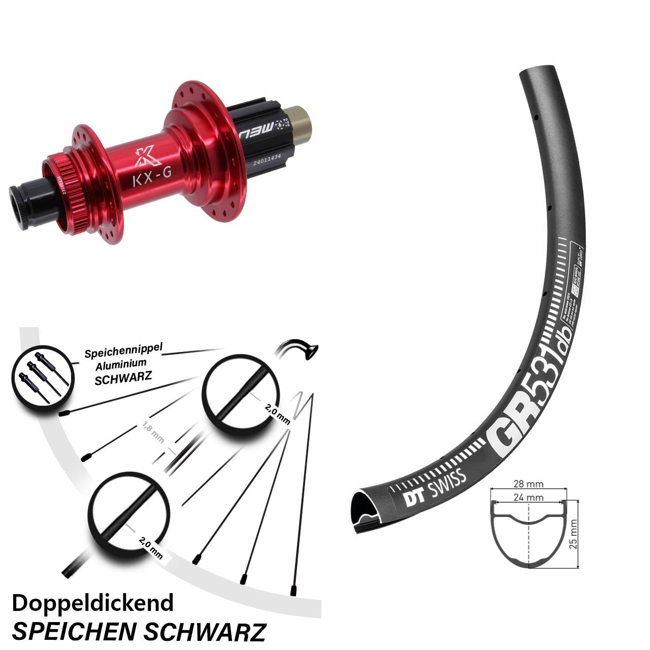 28 Zoll Hinterrad DT Swiss GR 531 KX-G rot N3W 12x142