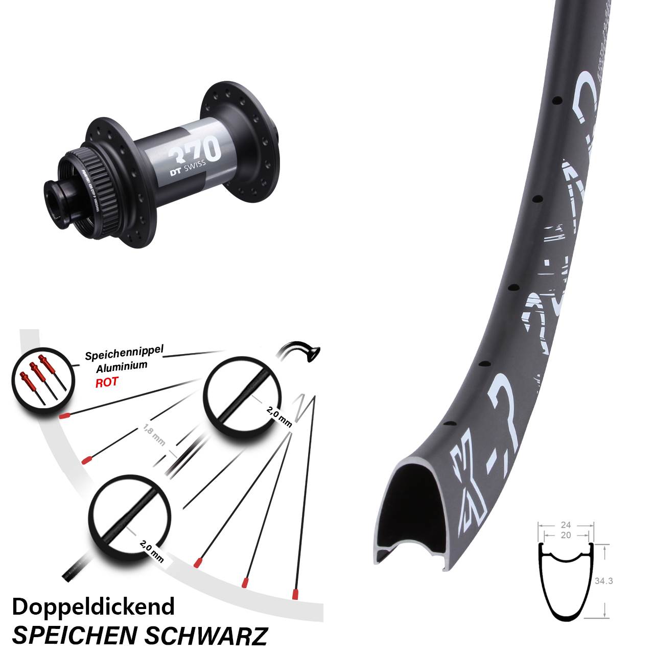 28 Zoll KX-R Road DT Swiss 370 Vorderrad Centerlock 15x100