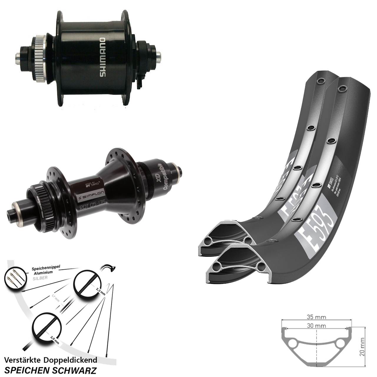 Laufradsatz Centerlock für Schnellspanner 29 Zoll DT Swiss E593 370 Shimano DH-UR700-3D XD