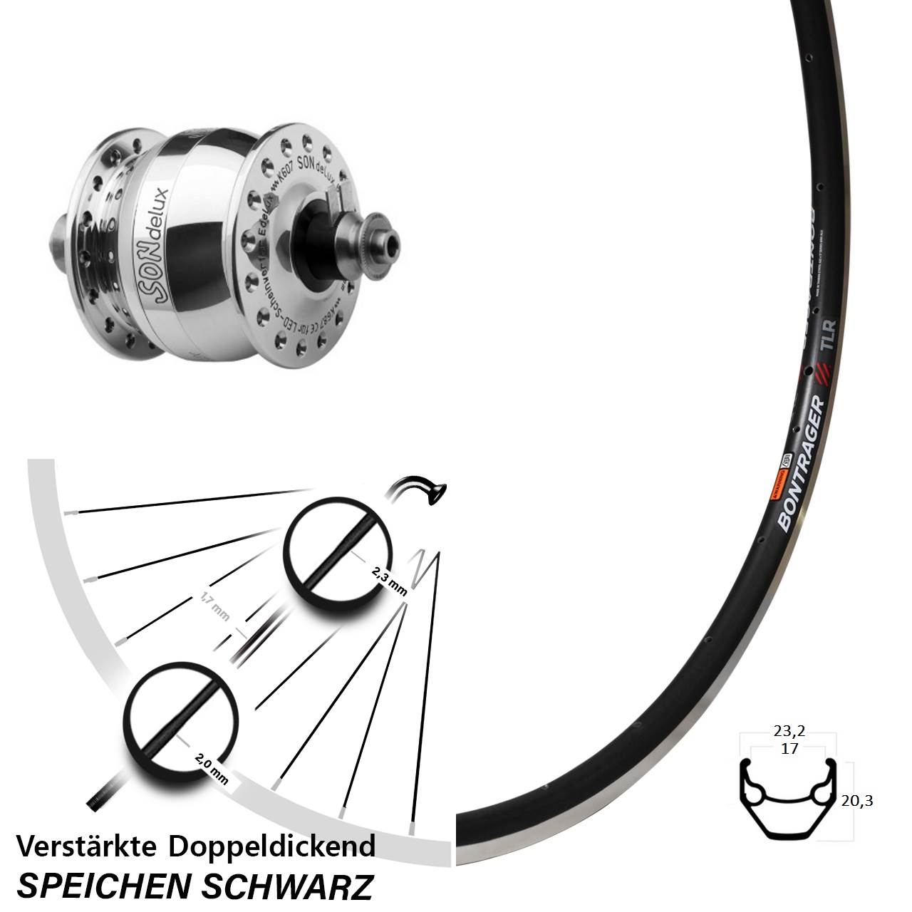 SON delux Bontrager TLR 28 Zoll Nabendynamovorderrad QR