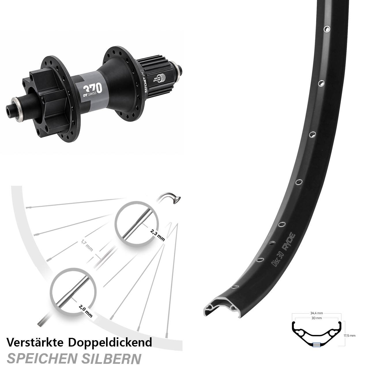 Boost Hinterrad 6-Loch für Schnellspanner 29 Zoll Ryde Disc 30 DT Swiss 370 Micro Spline