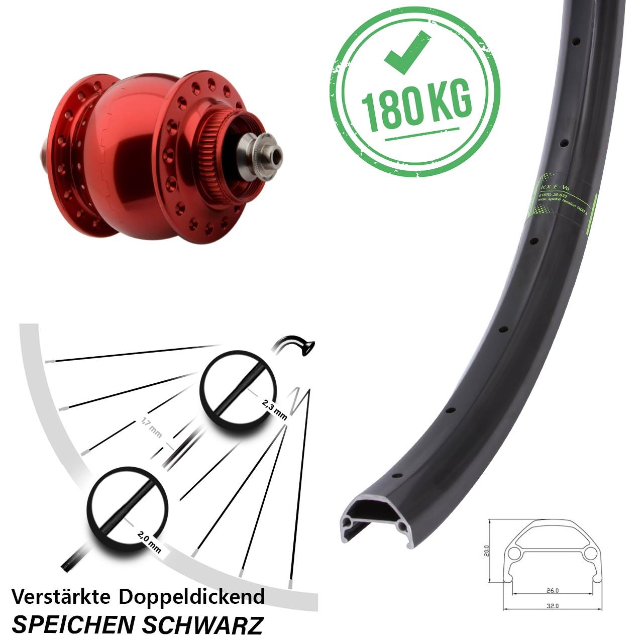 27,5 Zoll Nabendynamovorderrad KX Evo SON 28 rot für Schnellspanner