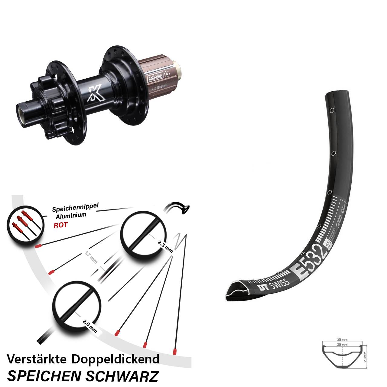 Disc Hinterrad 12x142 29 Zoll DT Swiss E 532 KX-M Shimano Anti-Bite 8-12 fach