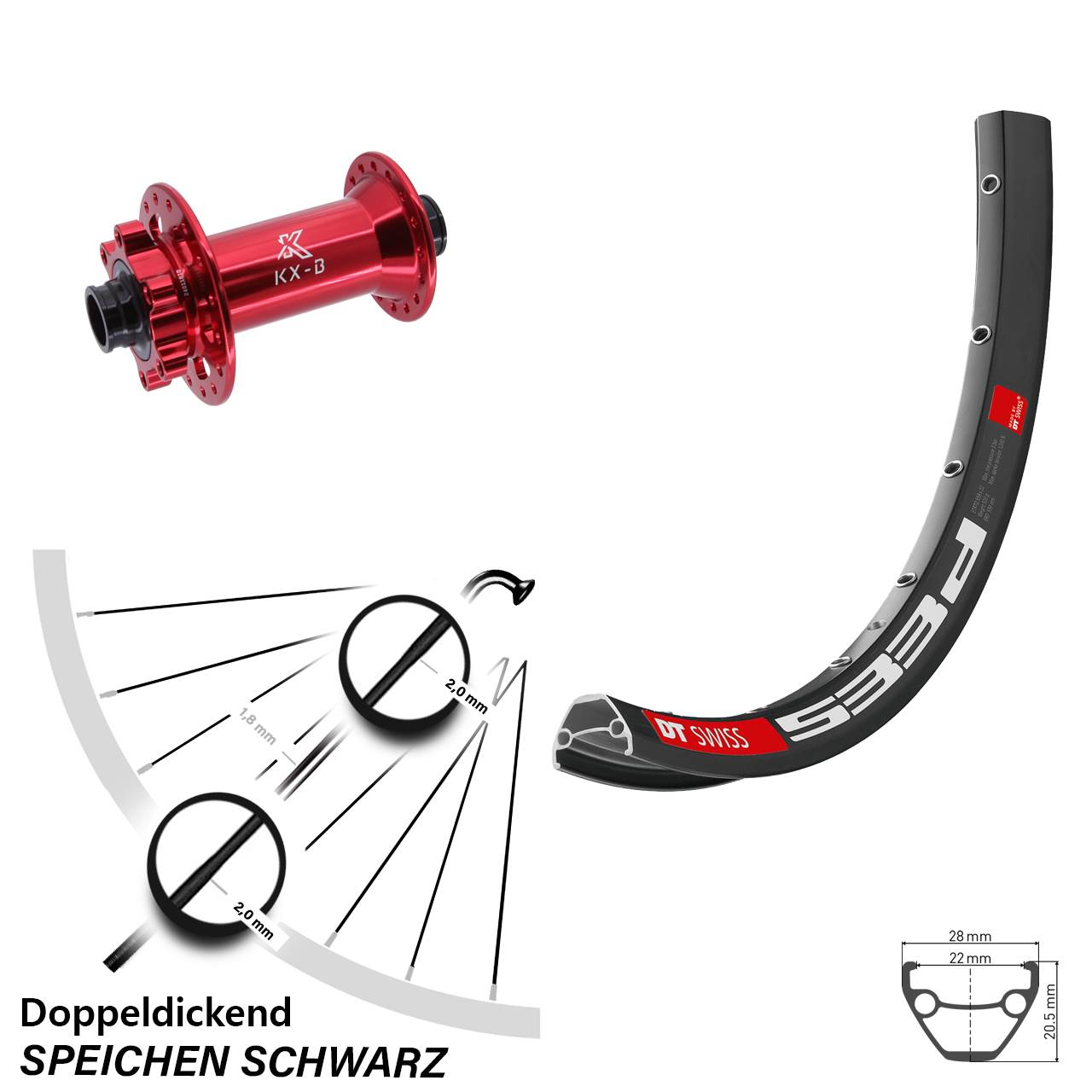 650B DT Swiss 533 D KX-B rot 6-Loch Vorderrad 15x110 Boost