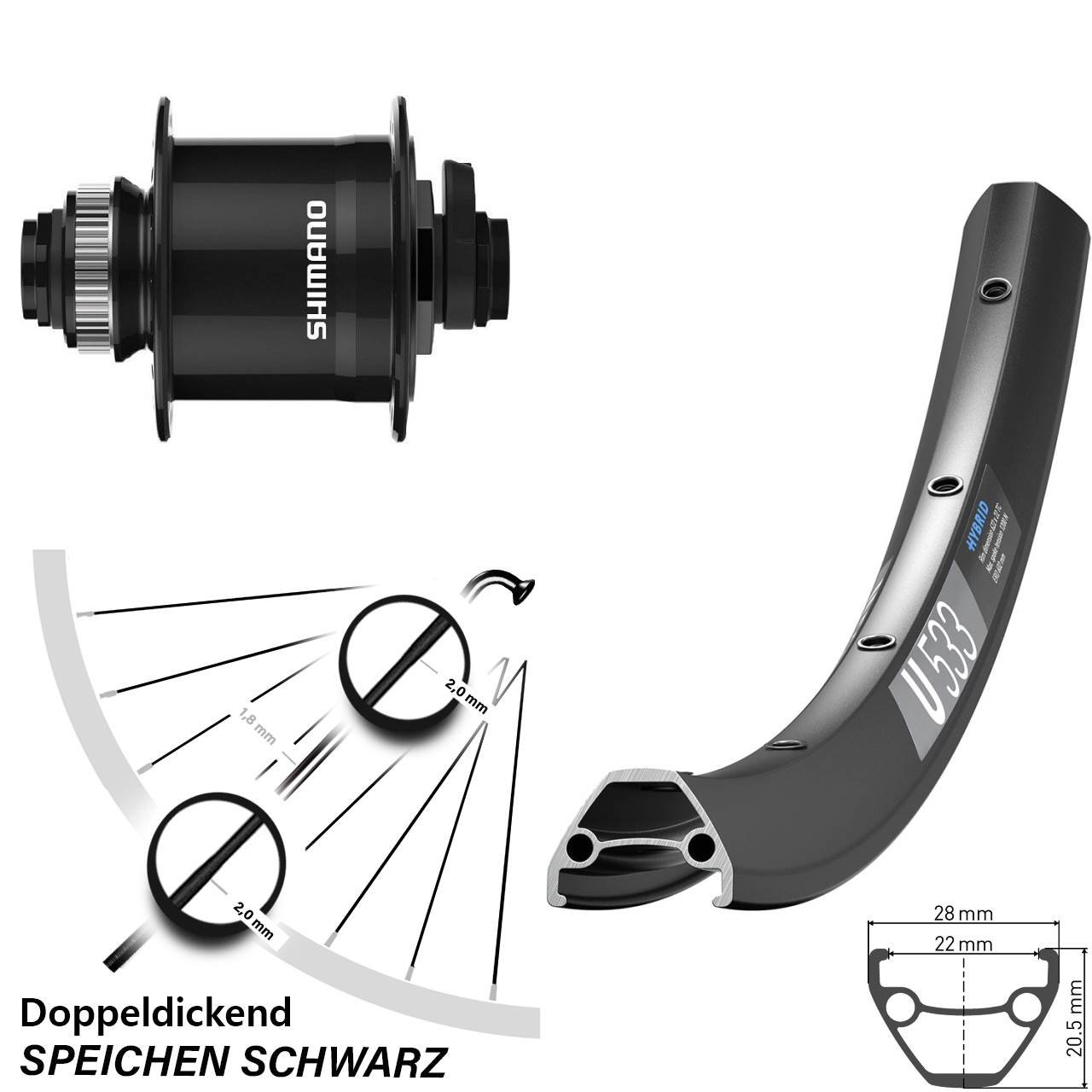 26 Zoll DT Swiss U533 Shimano DH-UR708 Disc Nabendynamovorderrad 15x100