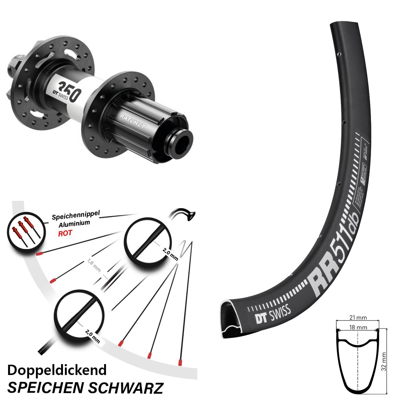 6-Loch Hinterrad 28 Zoll DT Swiss RR511-350 8-11 fach HG 12x142
