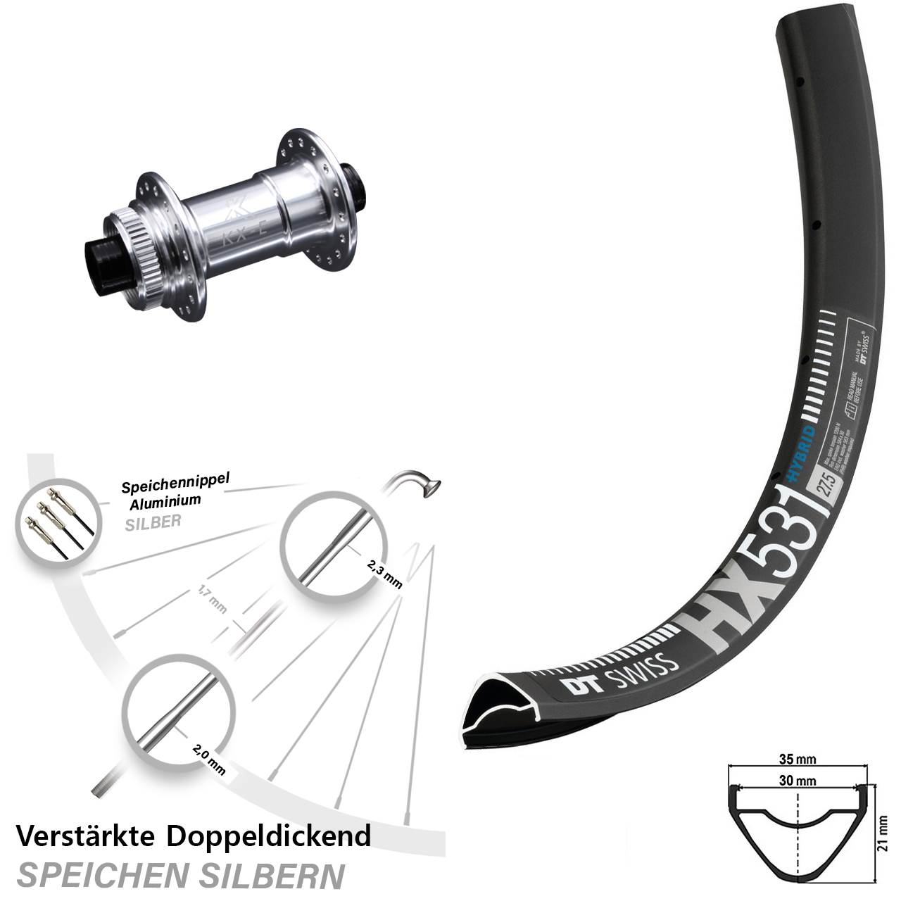 KX-E silbern 15x100 mm Centerlock DT Swiss HX 531 Vorderrad 29 Zoll Steckachse E-Bike