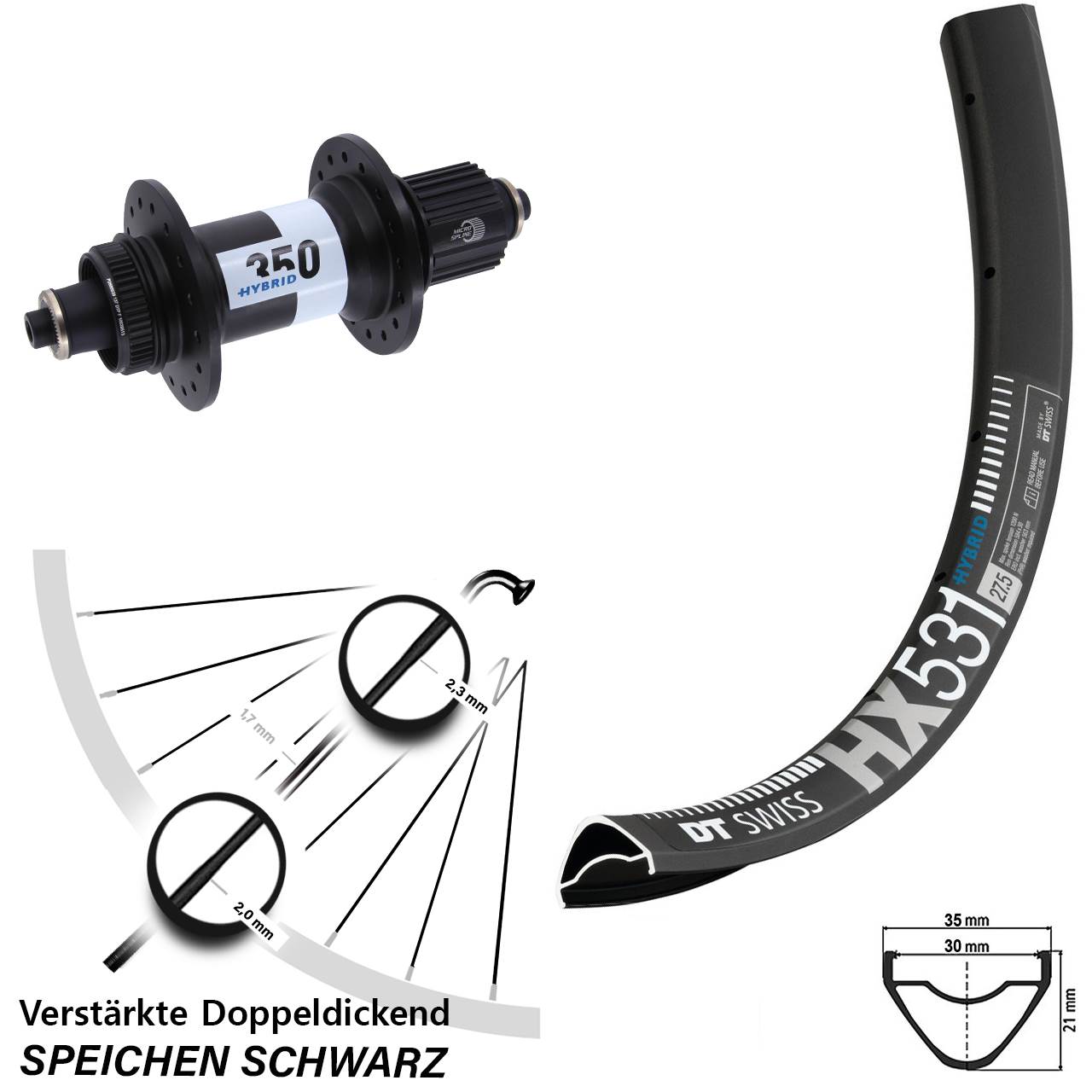 DT Swiss HX 531-Hybrid 350 29 Zoll Hinterrad für Schnellsp. Shimano Micro Spline