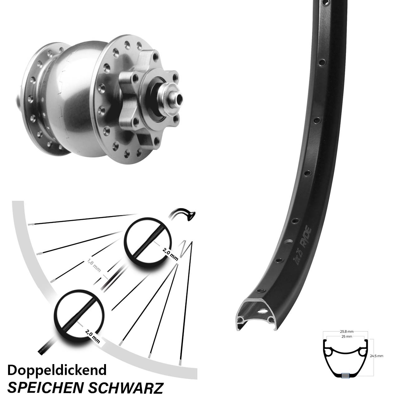 Nabendynamovorderrad 6-Loch Ryde ZAC 25 SON 28 Zoll QR