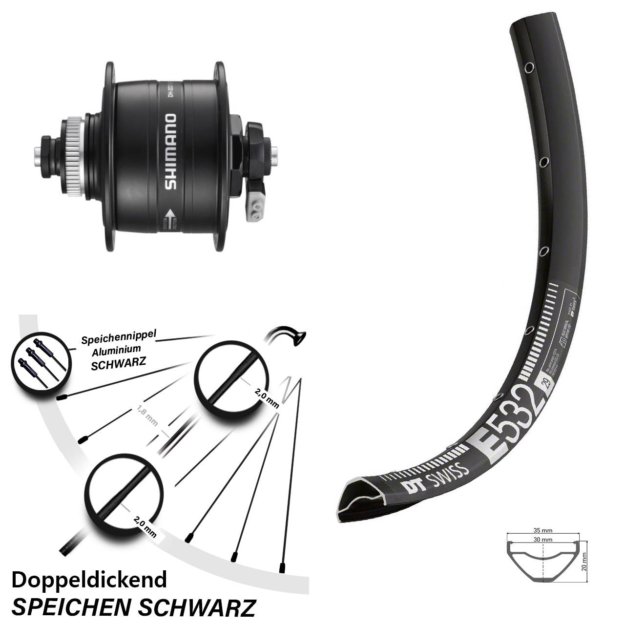 DT Swiss E 532 Shimano DH-3D37 29 Zoll Nabendynamovorderrad Centerlock für Schnellspanner