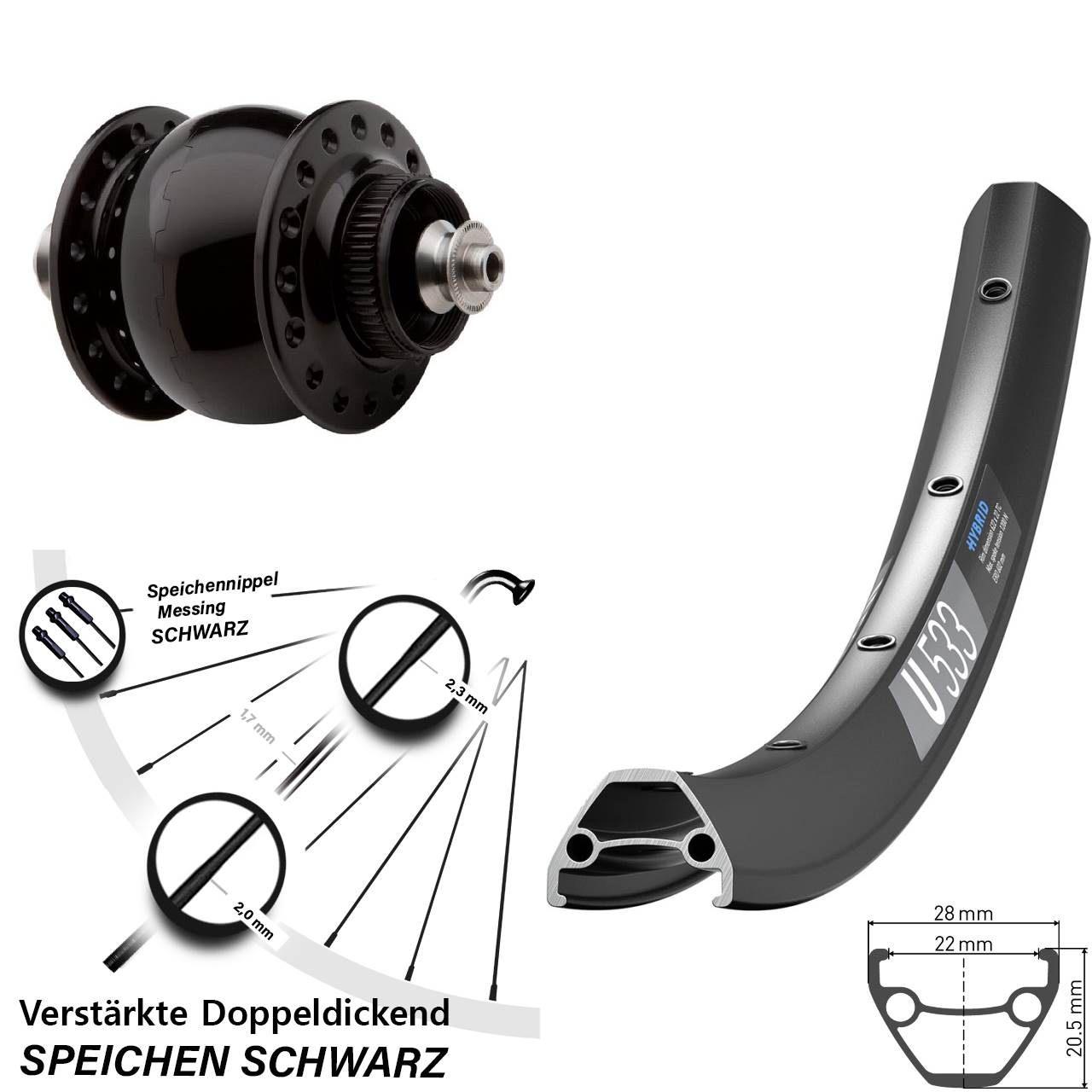 Disc Laufrad mit Nabendynamo für Schnellspanner 26 Zoll DT Swiss U 533 SON 28