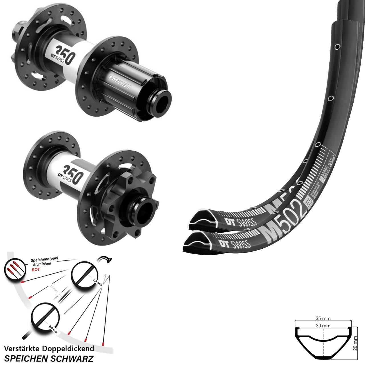 Laufradsatz 27,5 Zoll DT Swiss M502-350 Ratchet 36 8-11 fach 15x110 12x148 Boost 6-Loch