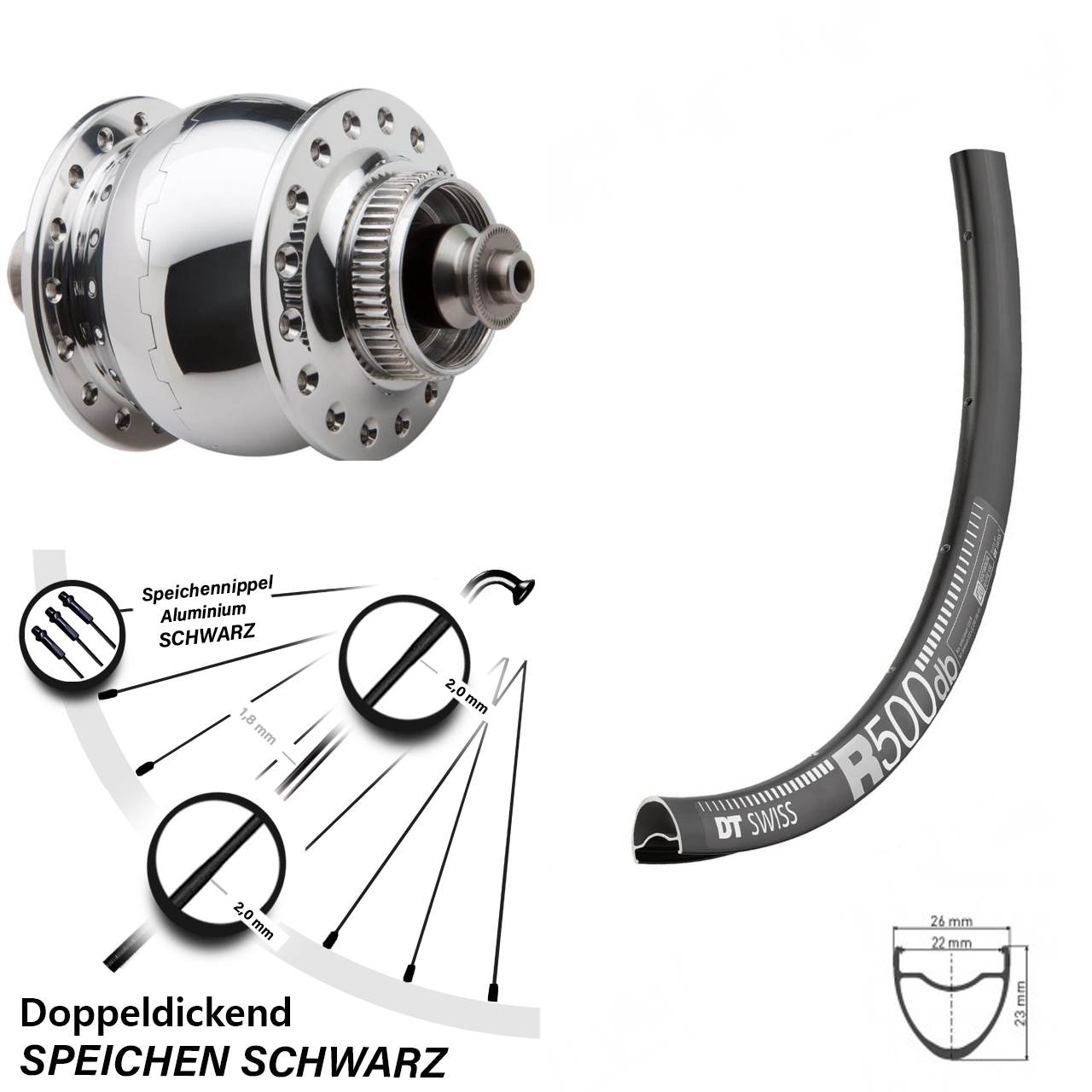 DT Swiss 29 Zoll R 500 Vorderrad mit Nabendynamo SON 28 silber poliert Disc