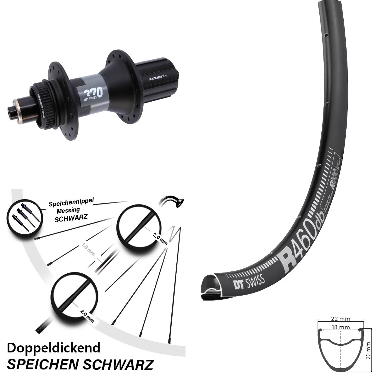 Hinterrad Centerlock 28 Zoll DT Swiss R460-370 8-12 fach HG für Schnellspanner
