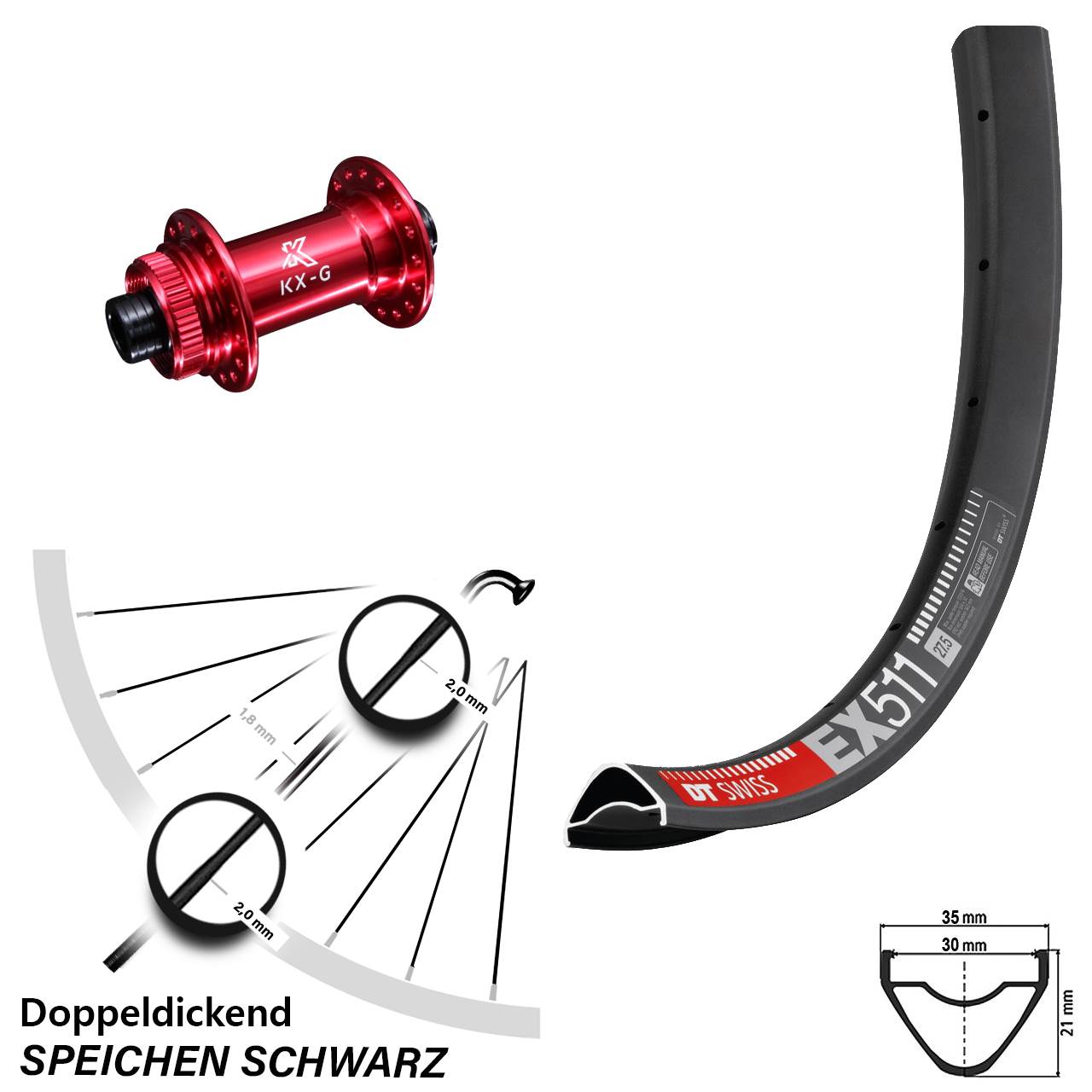 29 Zoll DT Swiss EX 511 KX-G rot Vorderrad Centerlock 15x100