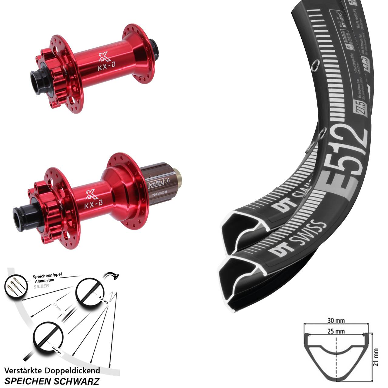 6-Loch Laufradsatz 29 Zoll DT Swiss E 512 KX-B rot 8-12 fach HG 15x110 12x148